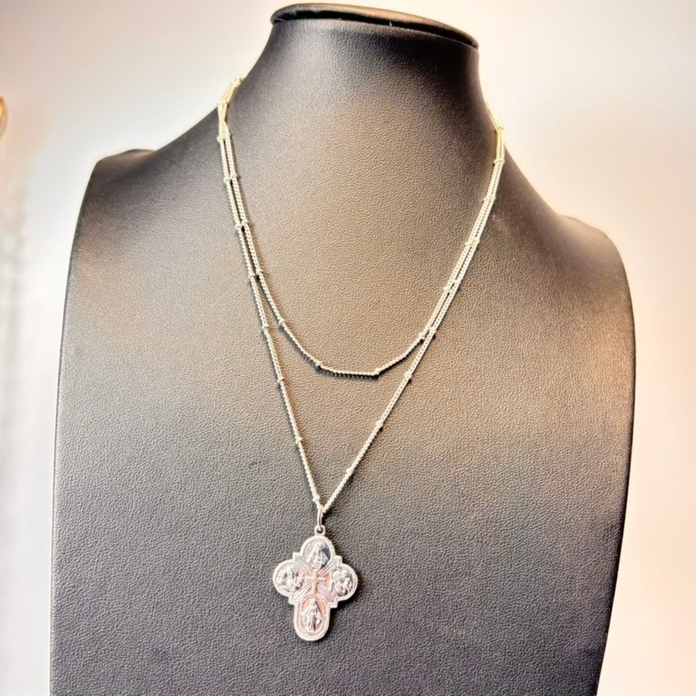 Vintage Religious Four Way Cross Necklace Silver Tone Extra Long Chain Goth Boho